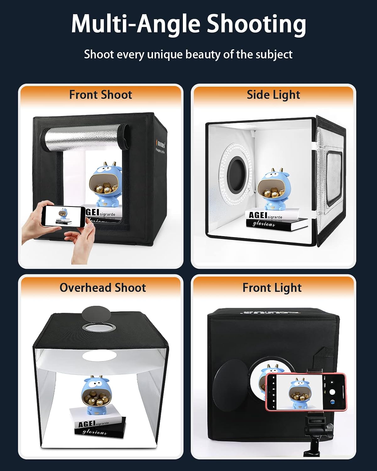 DUCLUS Light Box Photography, 12"x12" Photo Booth Box with 120 LED Lights Dimmable & CRI＞95, Portable Lightbox with 8 Backdrops for Mini Product Photography: Jewelry, Cards, Watches