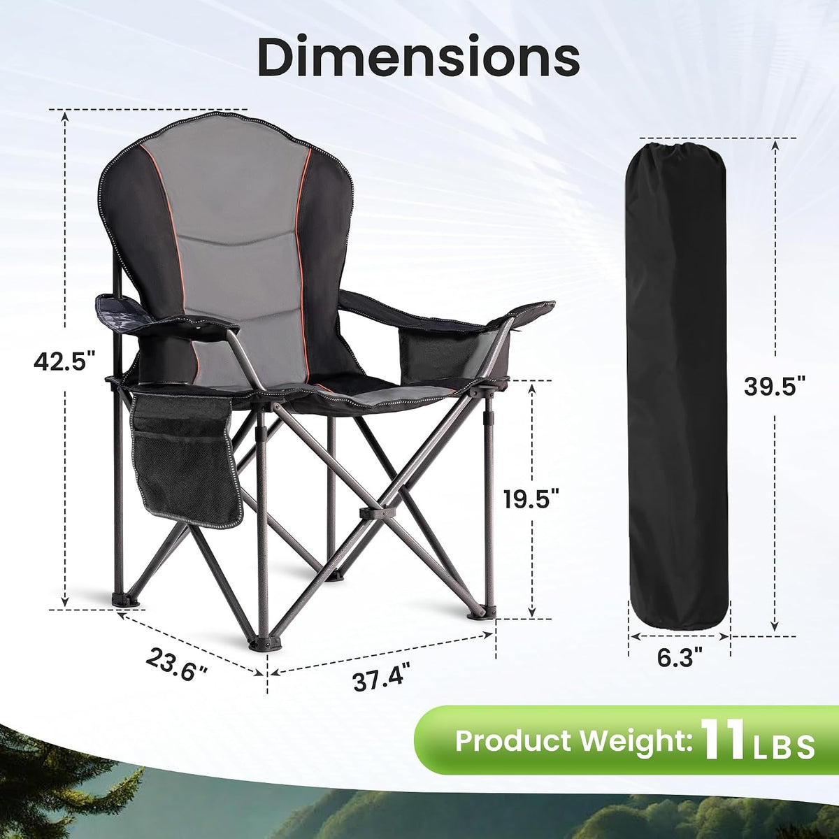 2 Pack Folding Camping Chairs for Adults - High Back Padded Outdoor Lawn Chairs with Lumbar Support & Cup Holder, 500lbs Heavy Duty Portable Camping Chairs Set (Black & Gray, 2 PCS)