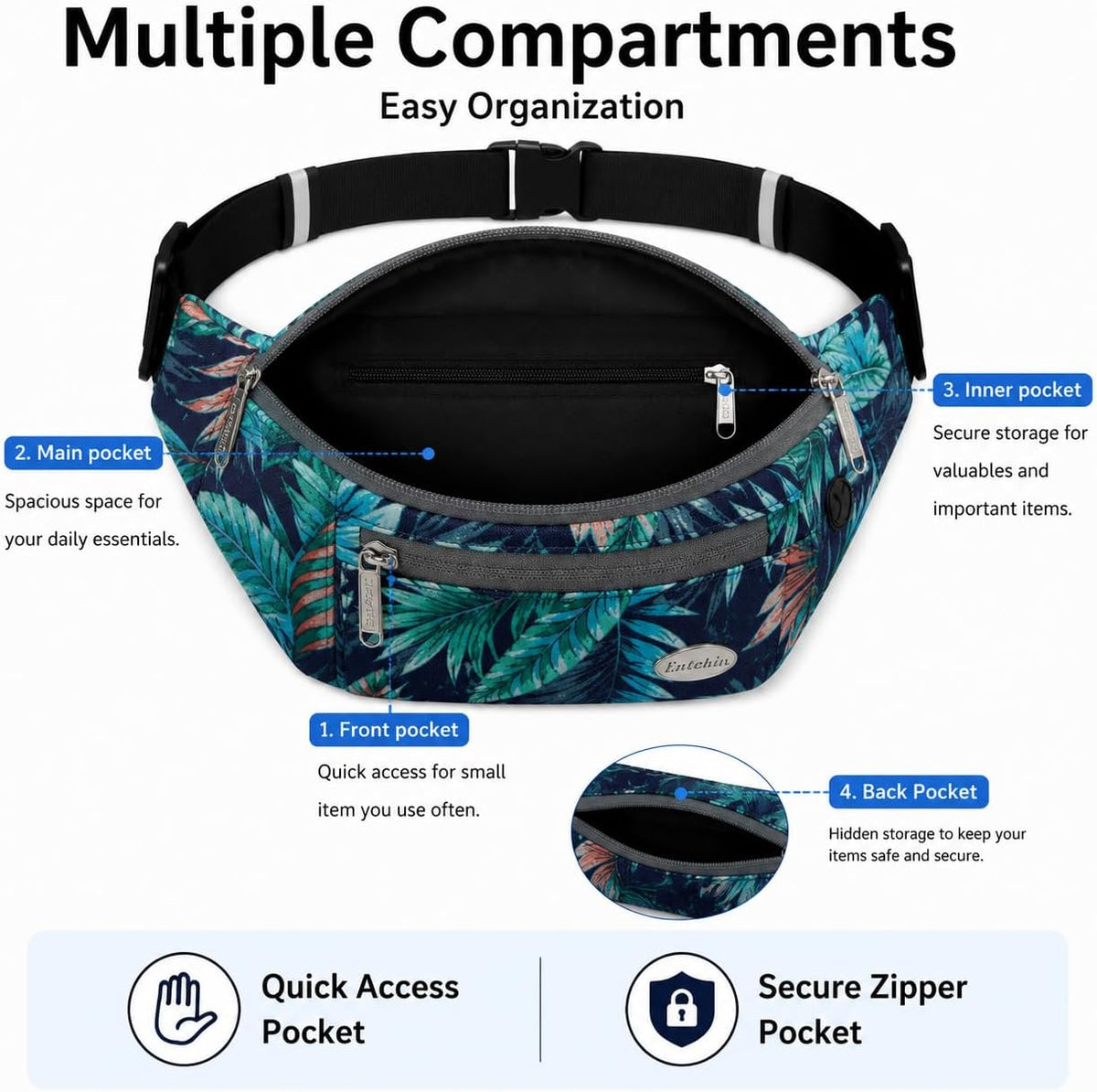 Entchin Water-Resistant Fanny Pack, 4-Zipper Belt Bag