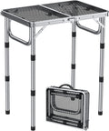 Anbte 2ft Folding Grill Table, Adjustable Height Max 27.5" Aluminum Camping Table, Heat-Resistant Tabletop, Lightweight, Portable Handle for Travel Cooking BBQ Picnic, 22.8" x 16", Silver