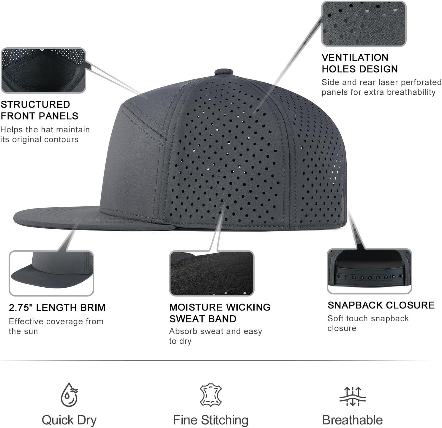 FEINION Men Laser Mesh Flat Brim Snapback Baseball Cap