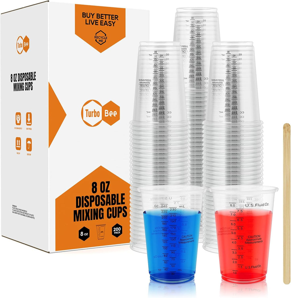 Turbo Bee Plastic Measuring Cups 8OZ,200 PACK Disposable Mixing Cups with 200 Mixing Sticks,Paint Graduated Measuring Tumblers for Epoxy Resin, Paint Mixing, Art DIY