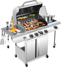 R.W.FLAME 4-Burner Gas Grill with Side Burner, Stainless Steel Propane Grill 42000BTU for Outdoor Cooking, with Porcelain-Enameled Grates, Baking Pan, Silver
