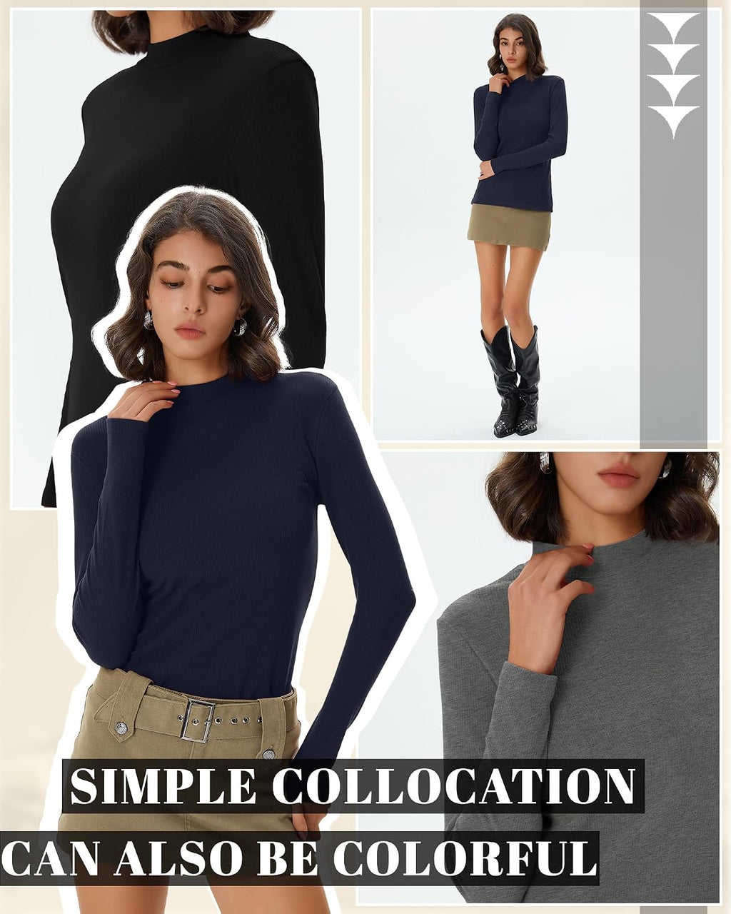 Evervibe 3 Pack Women's Ribbed Mock Neck Thermal Tops