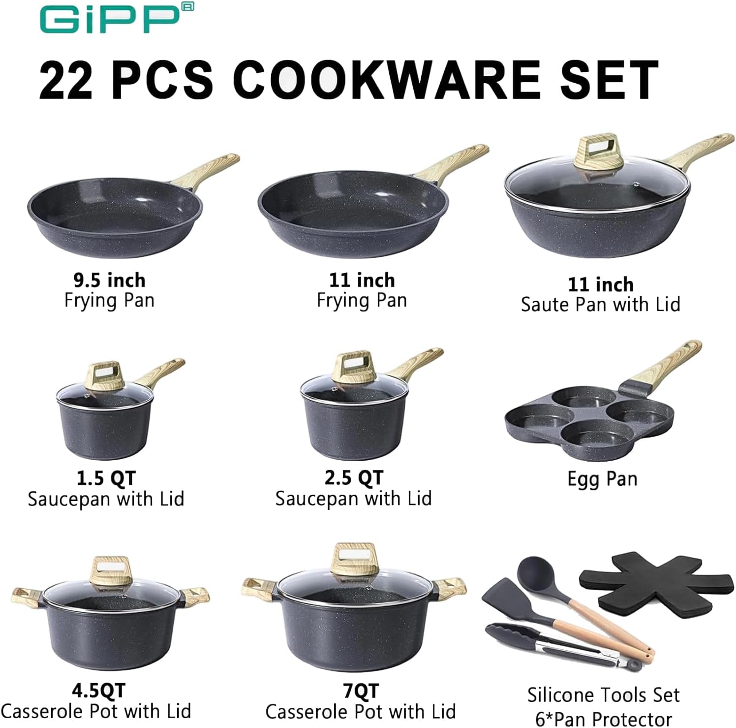 GiPP Ceramic Pots and Pans Set Non Stick - 22Pcs Nonstick Cookware Set, Non-Toxic Healthy Kitchen Cooking Set w/Frying Pans Set, Dishwasher Safe, PFAS PTFE PFOA PFOS Free, Dark Gray