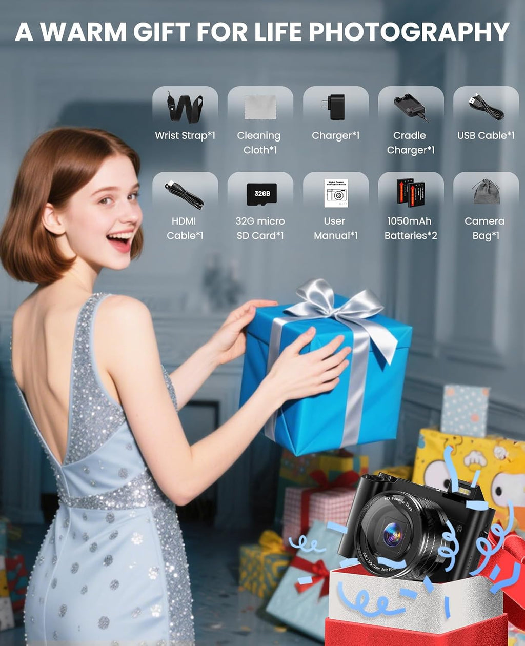 4K Digital Camera for Photography Autofocus, 64MP Dual-Lens Vlogging Camera for Video Anti-Shake, 3'' Selfie Flip Travel Cameras for YouTube, 16X Zoom Digital Camera with Flash Dial Battery Stand