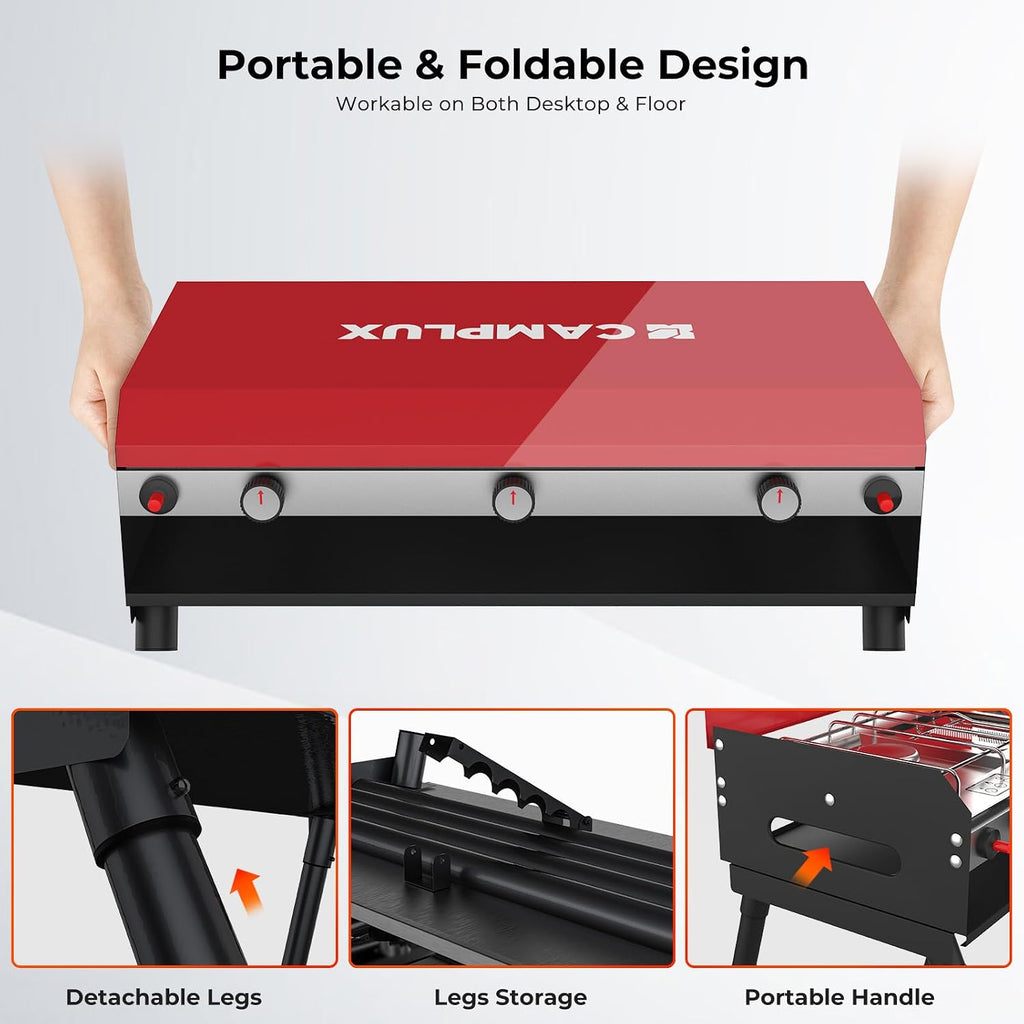 CAMPLUX 2 Burners & 1 Grill Propane Camping Stove, 15,000 BTU Portable Outdoor Propane Camping Grill Burner with Free Standing Legs, Auto-Ignition Gas Stove with Regulator, Red