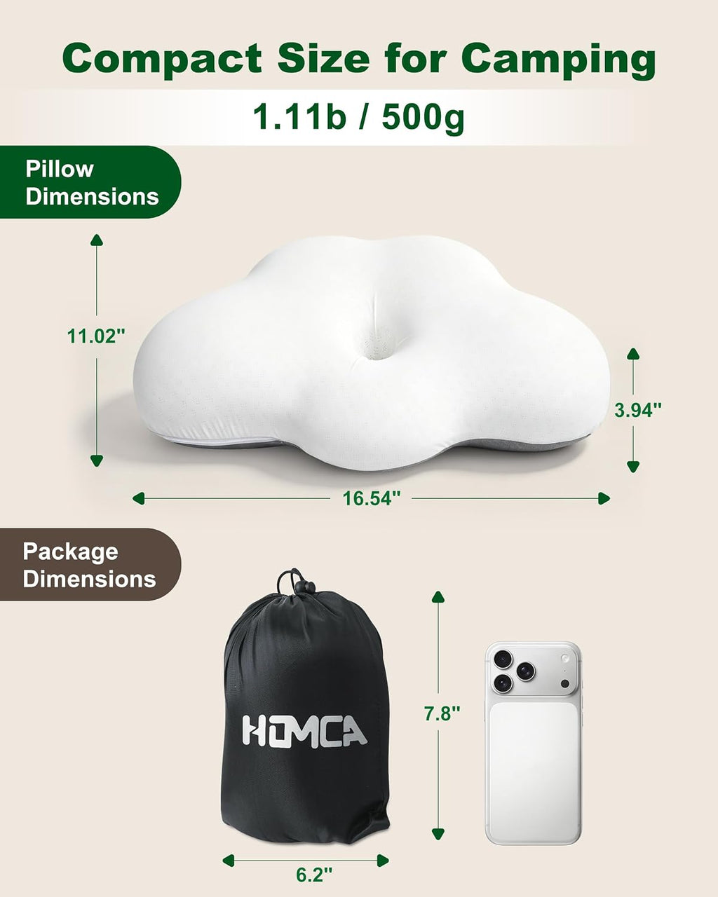 HOMCA Memory Foam Camping Pillow, Travel Pillow for All Sleepers