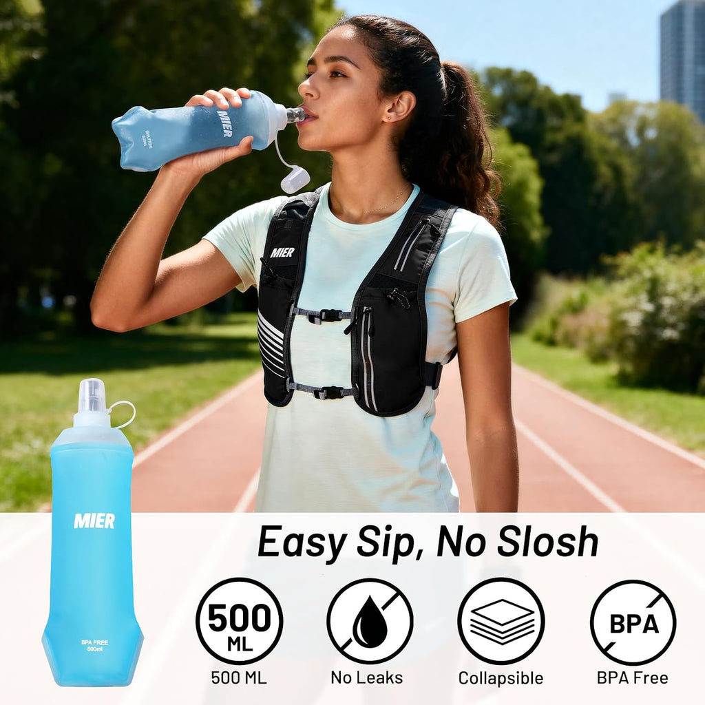MIER Reflective Running Vest for Men Women with 500ml Soft Hydration Flask