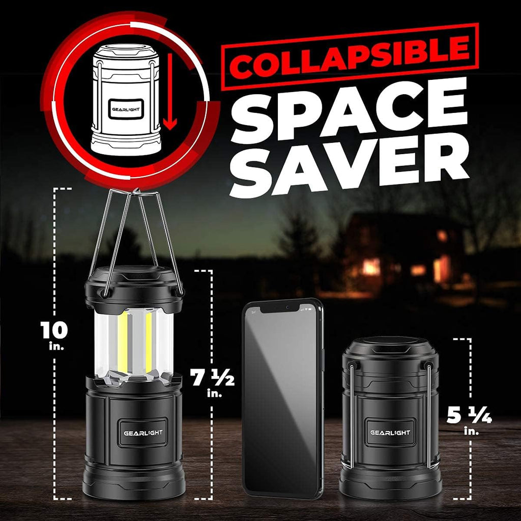 GearLight Camping Lantern - 2 Portable LED Battery Powered Lantern with Magnetic Base and Foldable Hook for Emergency Use or Campsites, Essential Hurricane Survival Kit with Batteries - Black