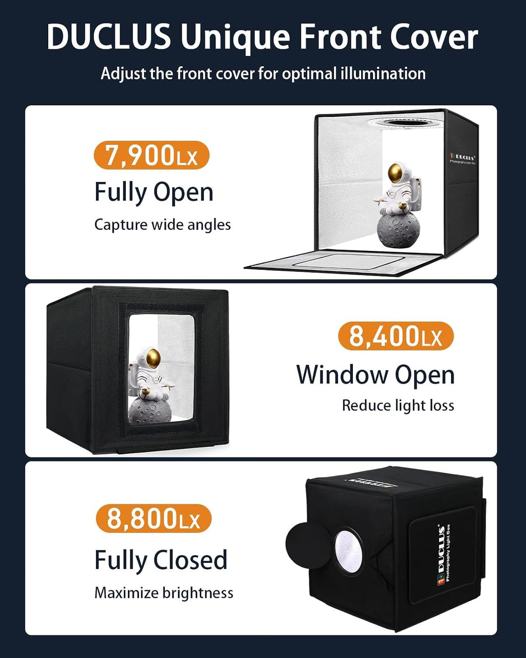 DUCLUS Light Box Photography, 12"x12" Photo Booth Box with 120 LED Lights Dimmable & CRI＞95, Portable Lightbox with 8 Backdrops for Mini Product Photography: Jewelry, Cards, Watches