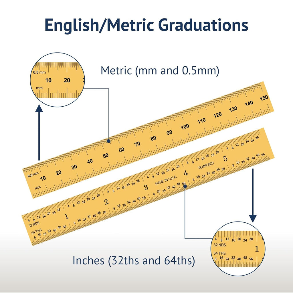 PEC Tools 6"/150mm TiN Coated Metal Ruler, Rigid, English & Metric