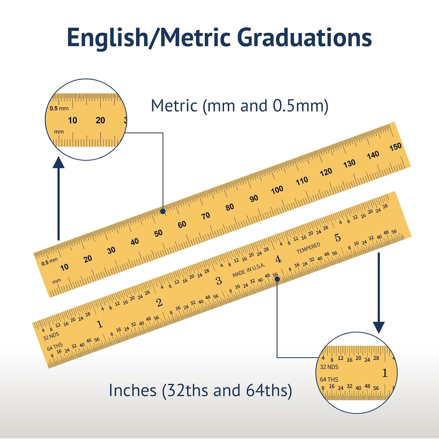 PEC Tools 6"/150mm TiN Coated Metal Ruler, Rigid, English & Metric
