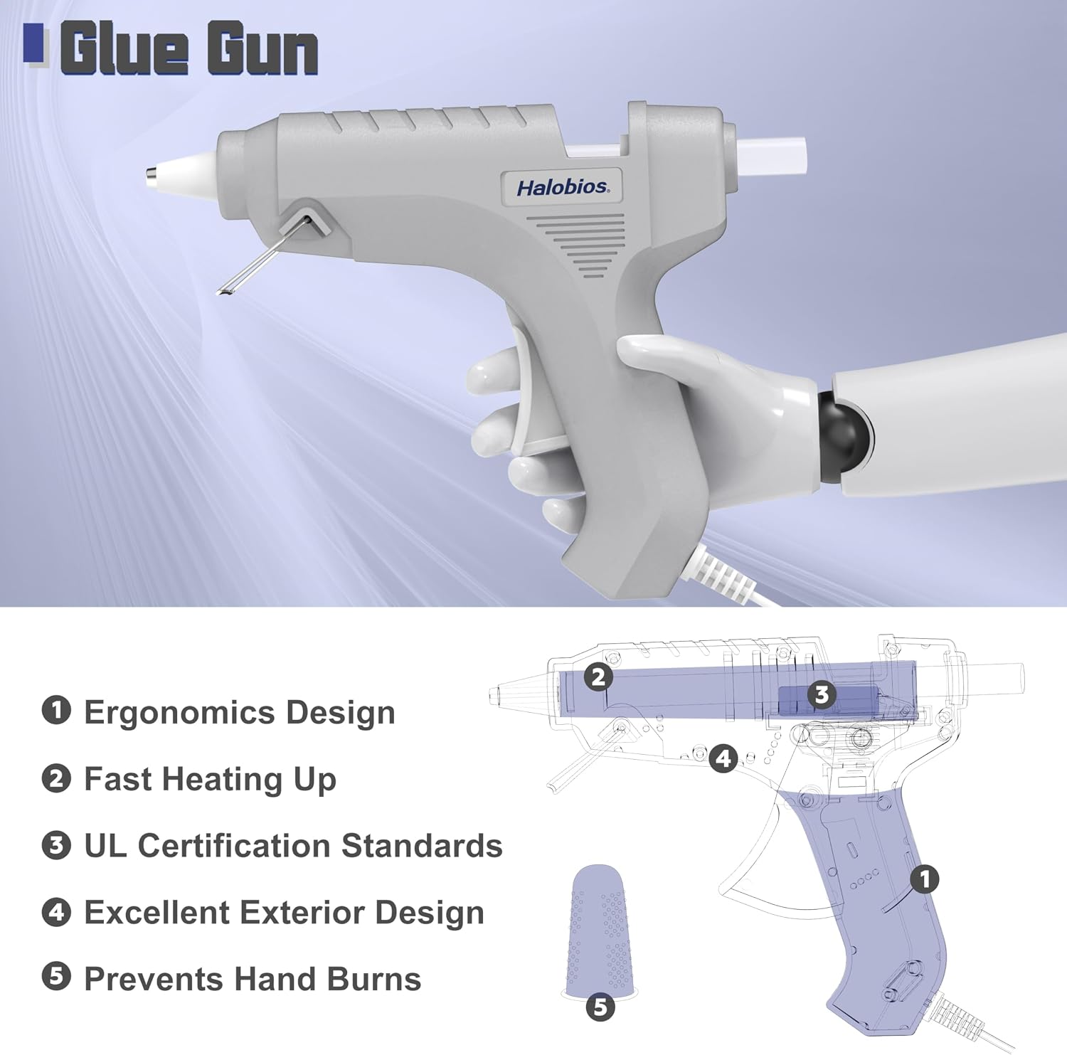 Halobios Hot Glue Gun, Fast Preheating Hot Melt Glue Gun with 20 Glue Sticks, Hot Glue Gun Full Size for Making Decoration School DIY Crafts Projects Home Repairs(40W Gray)