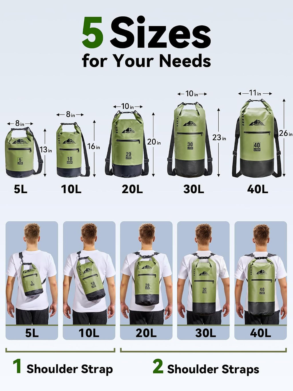 HEETA Waterproof Dry Bag Backpack with Zippered Pocket 5L/10L/20L/30L/40L