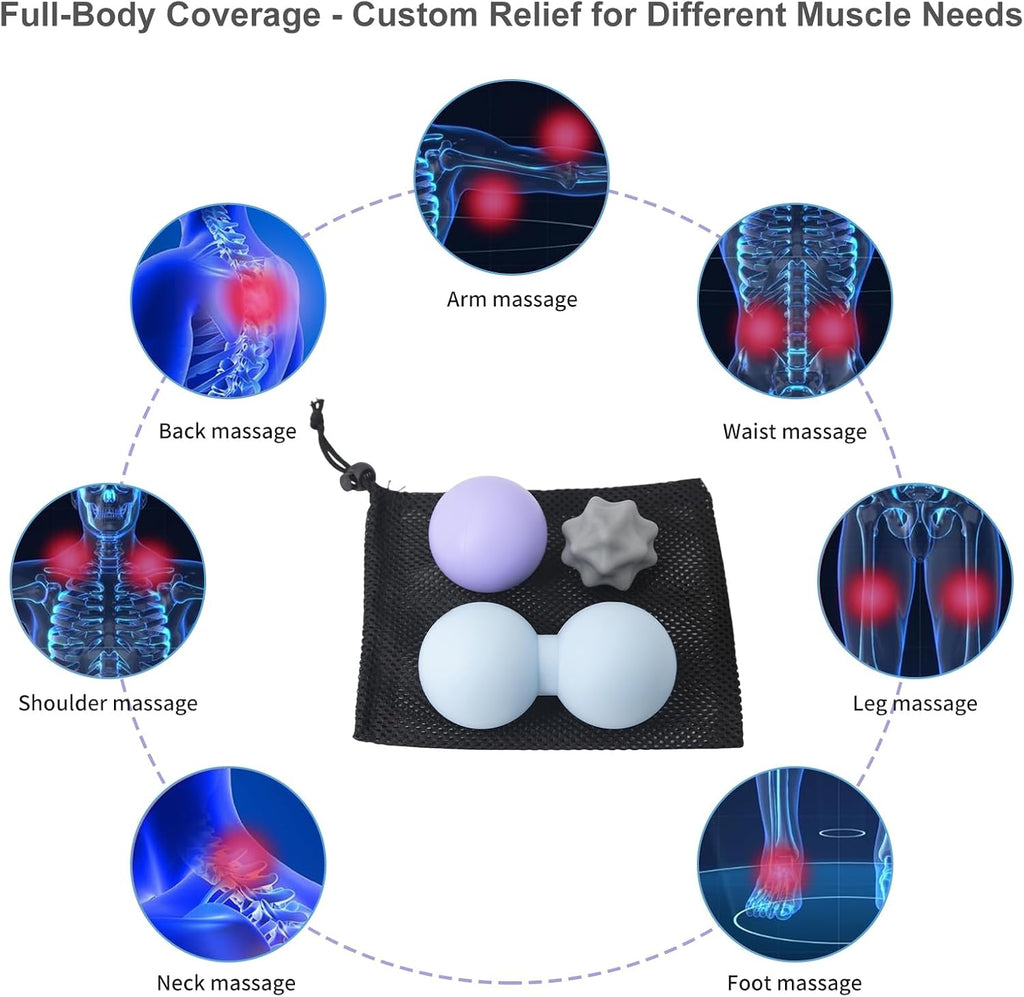 Silicone Massage Ball Set, Peanut, Lacrosse & Spiky Massage Balls