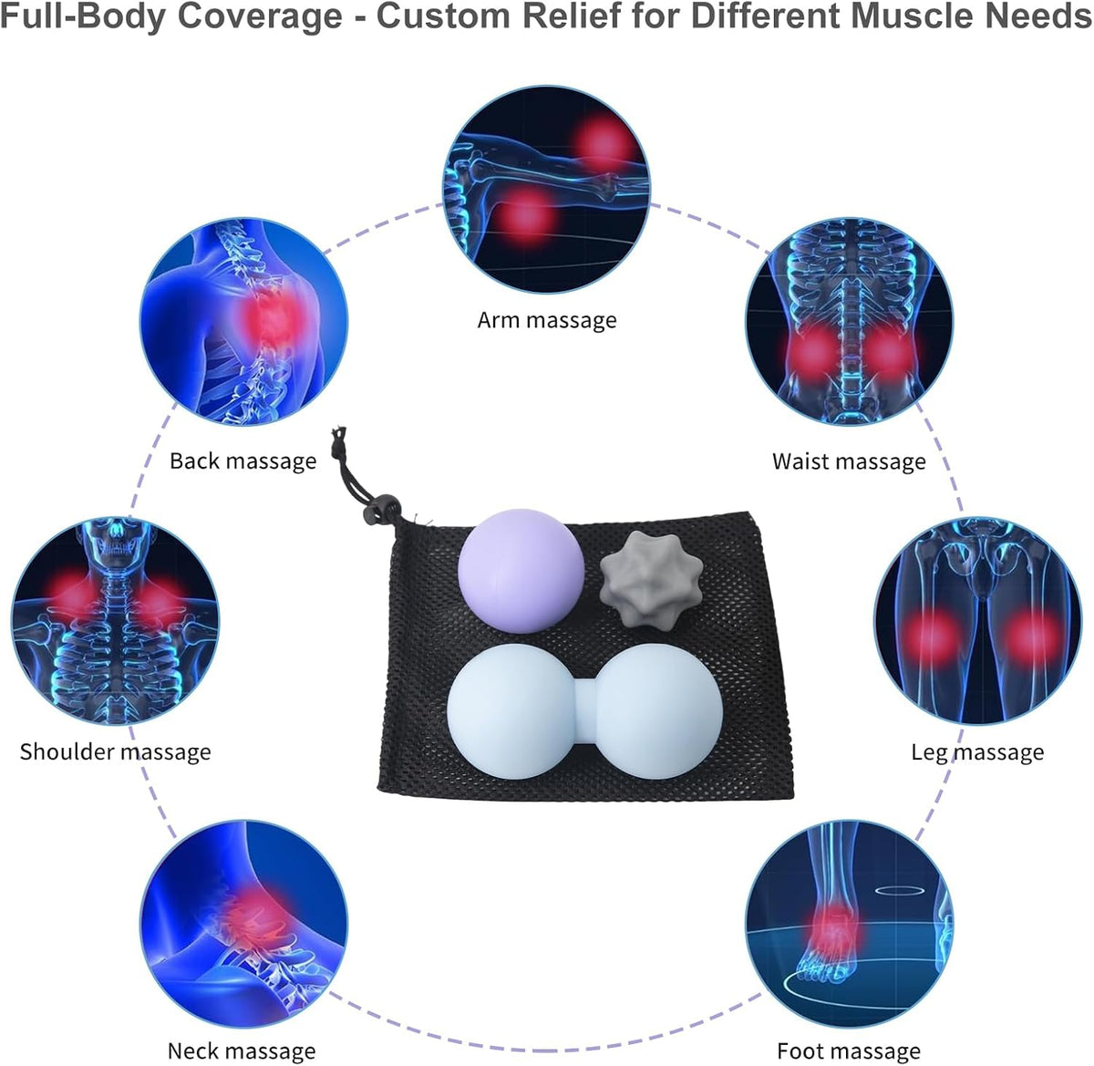 Silicone Massage Ball Set, Peanut, Lacrosse & Spiky Massage Balls