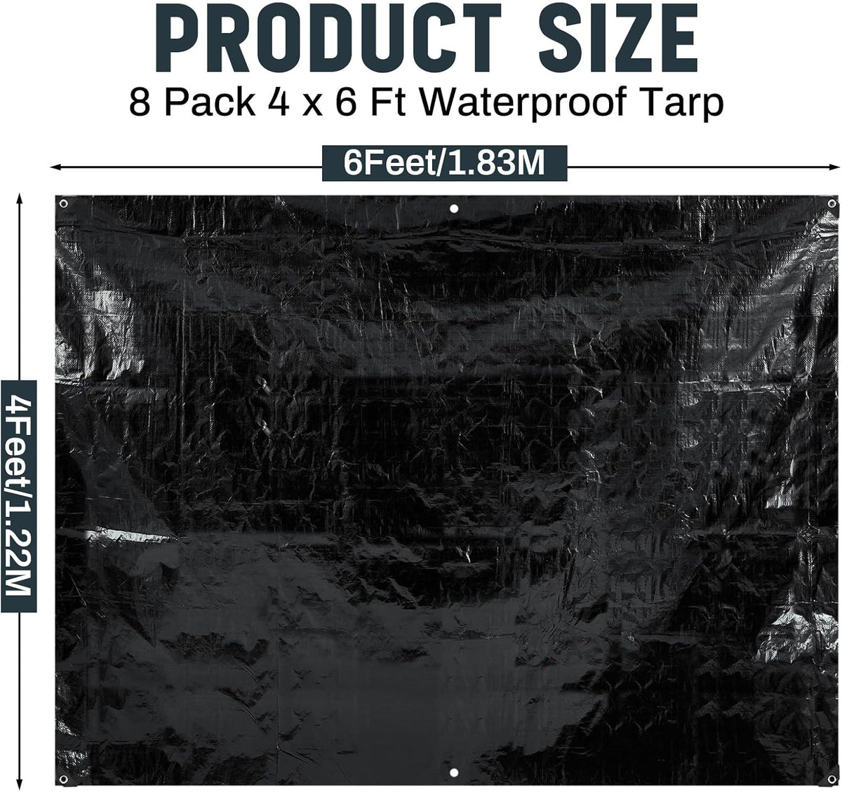 8 Pack 4 x 6 ft Black Tarps, 5.5 Mil Heavy Duty Waterproof Tarp