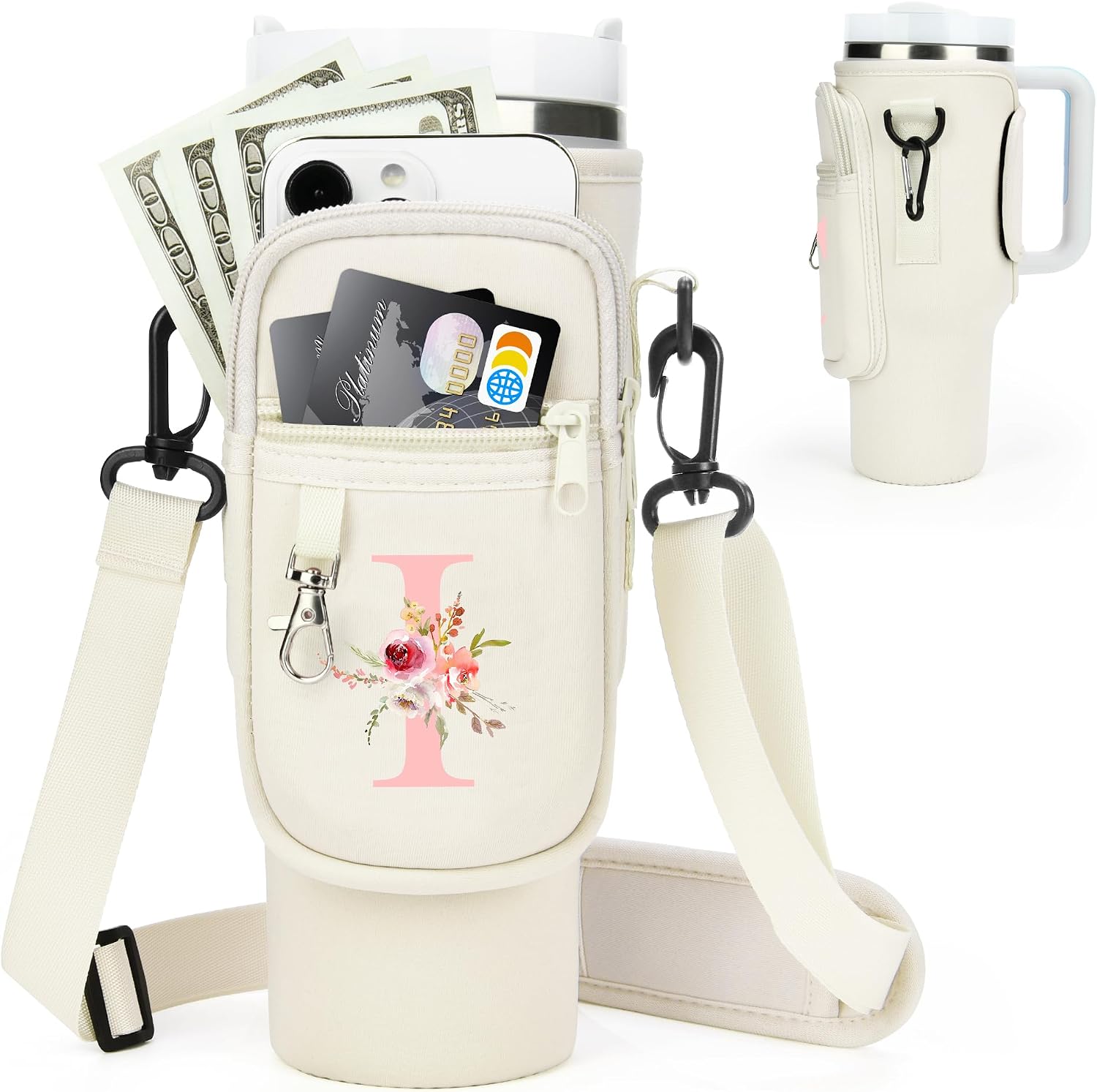 Initial Water Bottle Holder with Strap for Stanley Cup Accessories 40 oz/Simple Modern Tumbler, Birthdays for Women Girls, Water Bottle Carrier Bag with Phone Pocket,Hiking Walking Gym Camping