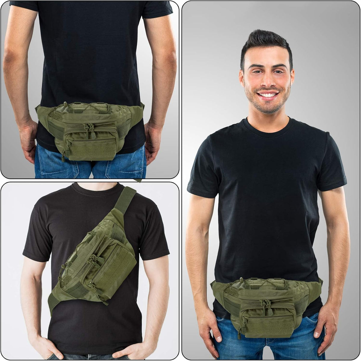 FRTKK Tactical Fanny Pack Military Waist Bag Pack with USA Flag Patch Utility Hip Pack with Adjustable Strap for Outdoors Fishing Cycling Camping Hiking Dog Walking (Army green 2)