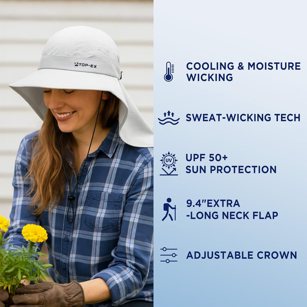 TOP-EX UPF 50+ Cooling Wide Brim Sun Hat for Men with Neck Flap, Packable