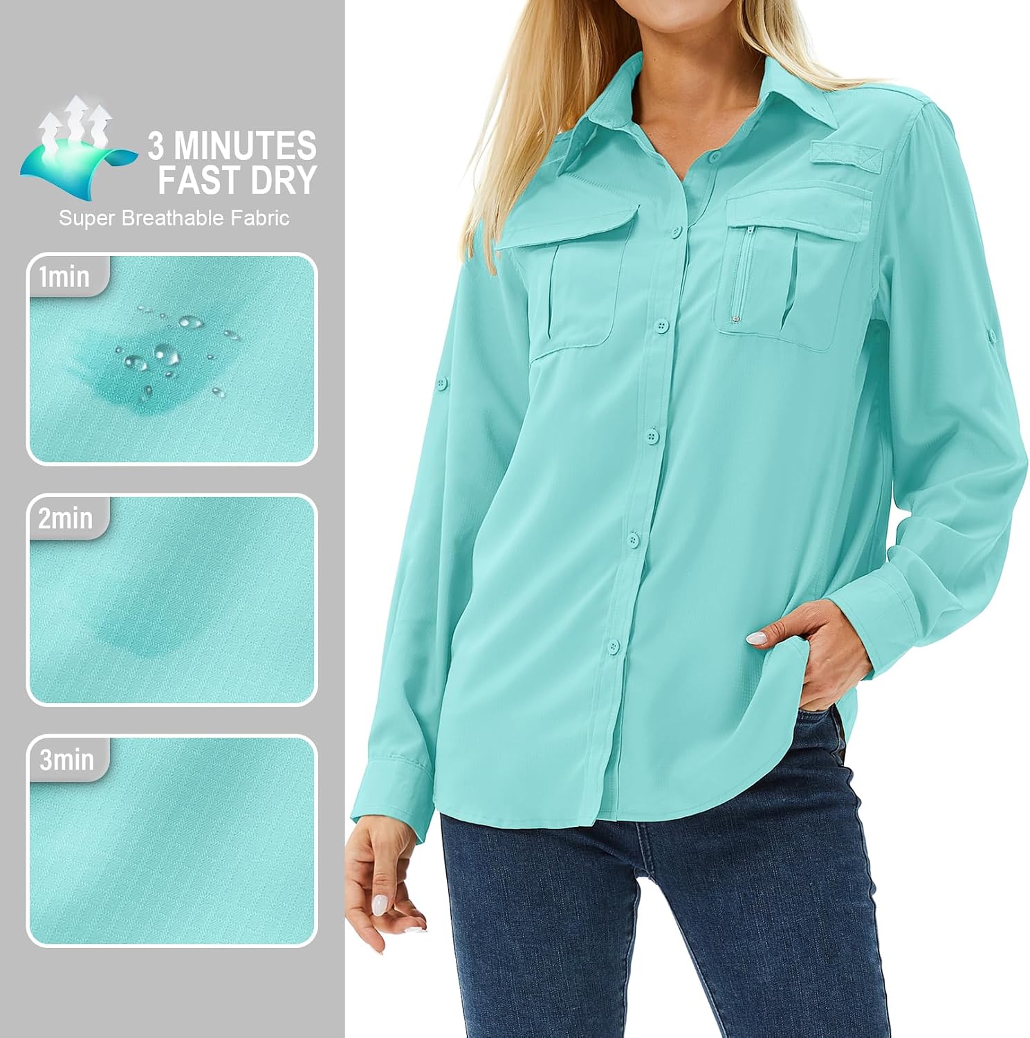 Women's UPF 50 Long Sleeve Sun Protection Safari Fish Hiking Shirts