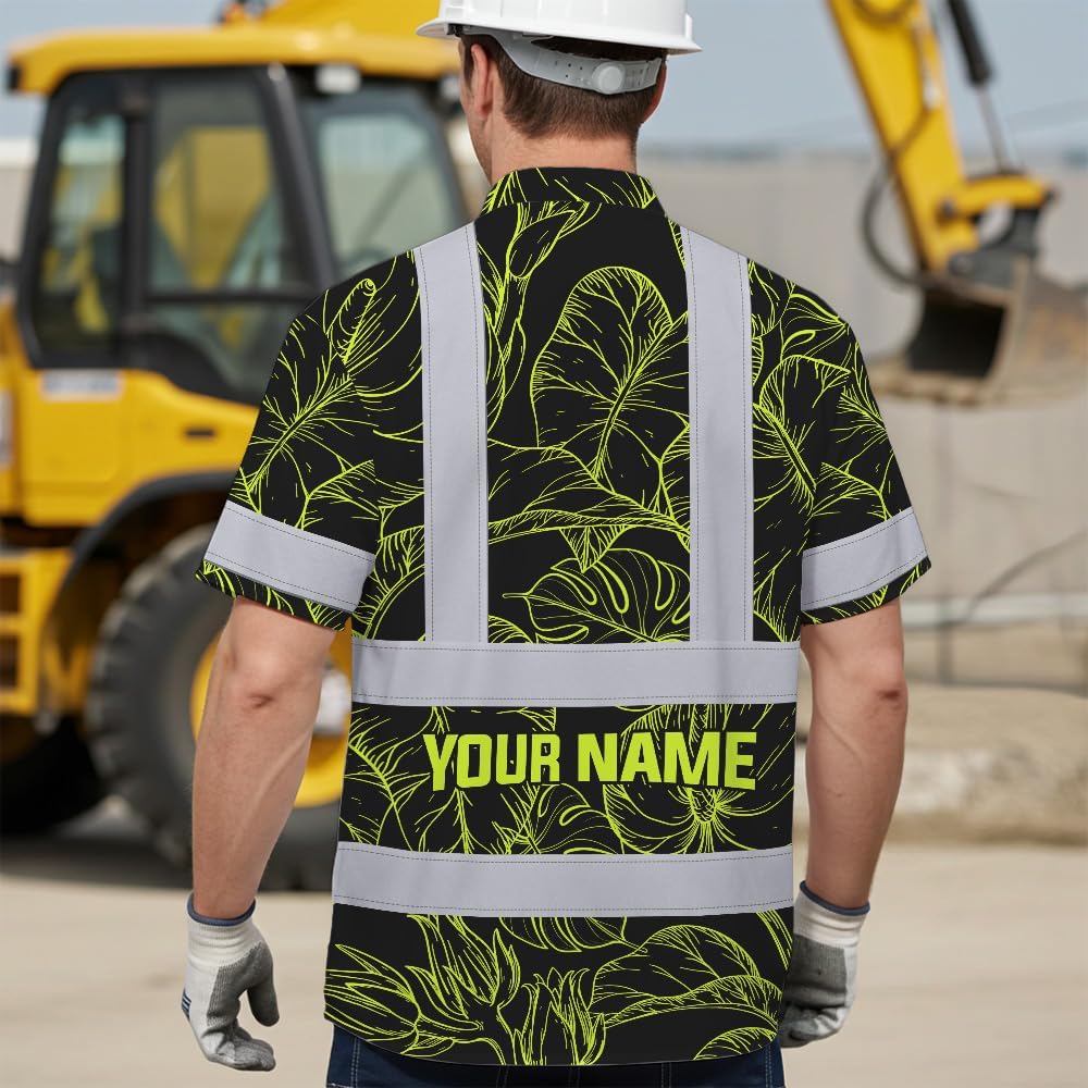 High Visibility Hawaiian Shirt for Men Tropical Shirts Custom Name Floral Outfit Reflective Safety Workwear