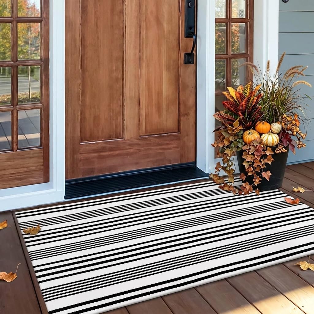 OJIA Black and White Outdoor Rug 24"x51" Front Door Mat Fall Porch Decor
