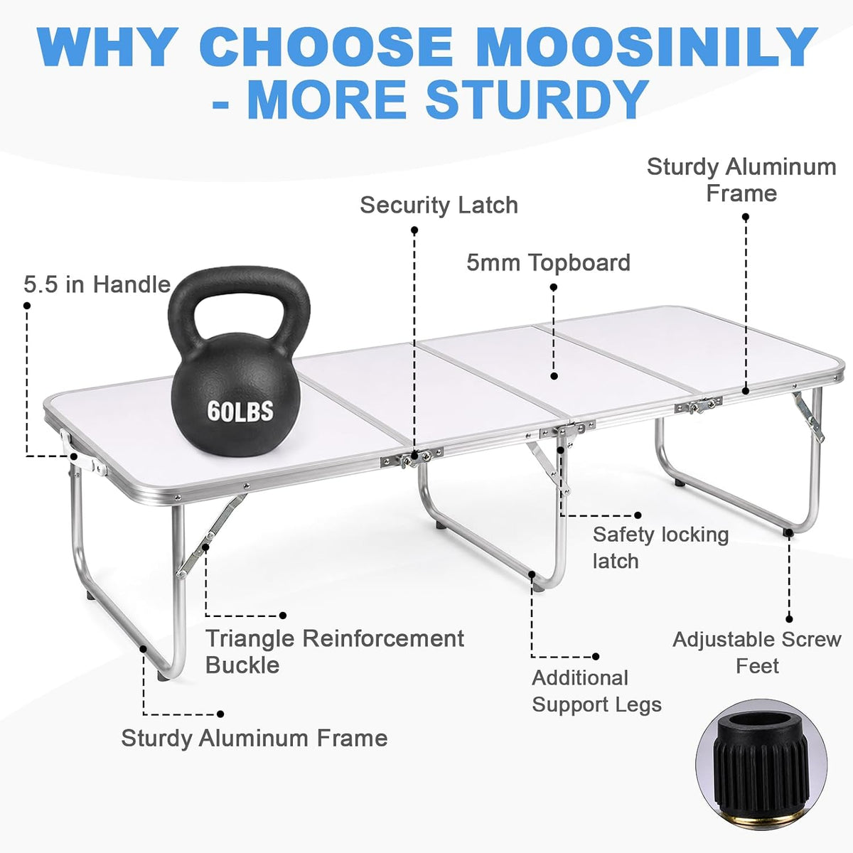 Moosinily Small Camping Table 4FT Folding Picnic Table Foldable Low Camp Table Portable Short Aluminum Outdoor Short Floor Beach BBQ Travel White 47.2×15.7 inch