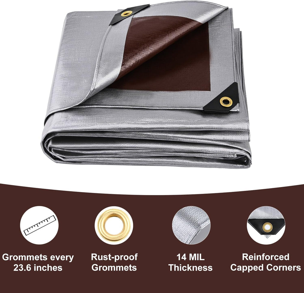 Sunvigor Tarp Waterproof 10x12Ft, Heavy Duty Tarp Cover Extra Thick 14 Mil Tear and UV Resistant, Outdoor Tarps with Grommets and Reinforced Edges for Roof, Camping, Patio, Pool, Boat (Silver/Brown)