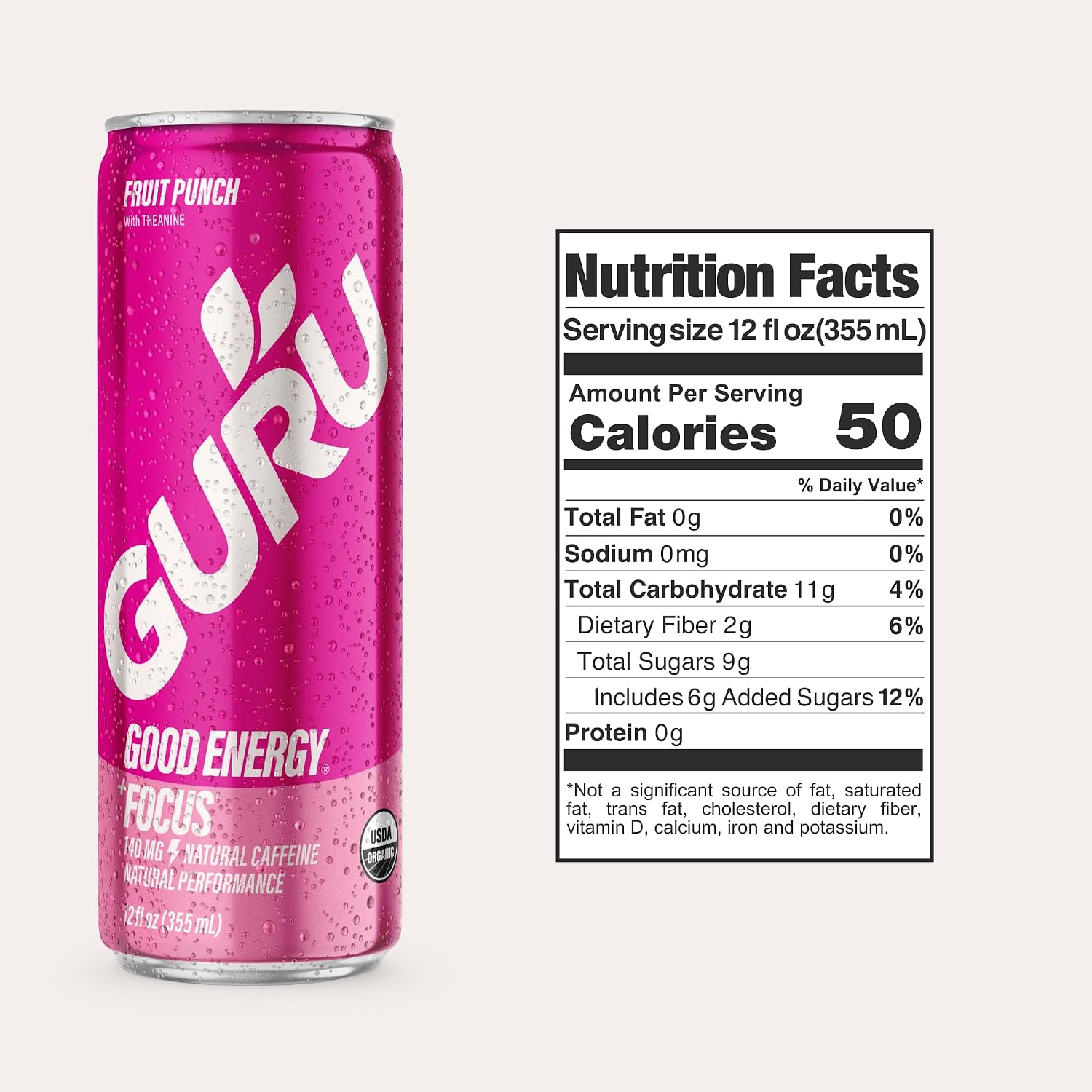 GURU Organic Energy Drink, Fruit Punch, Natural Caffeine, 12 Fl Oz, 12 Pack