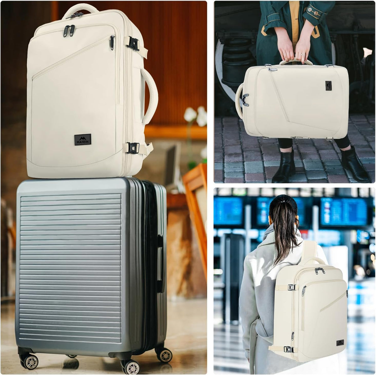 MATEIN Beige Travel Backpack Women, Carry on Bag with Hidden Shoulder Strap