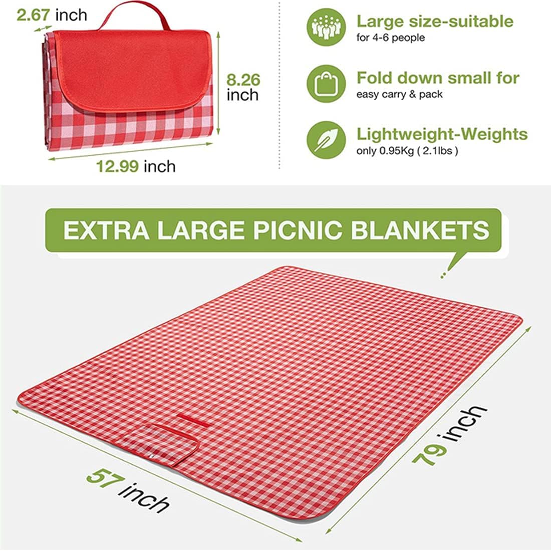 K Y KANGYUN Outdoor Picnic Blankets, Extra Large Beach Blanket, Foldable Lightweight Waterproof Sand Mat, Picnic Blanket 80" x 60" for Beach Camping Hiking Park Patio (Red, 80x60 inch)