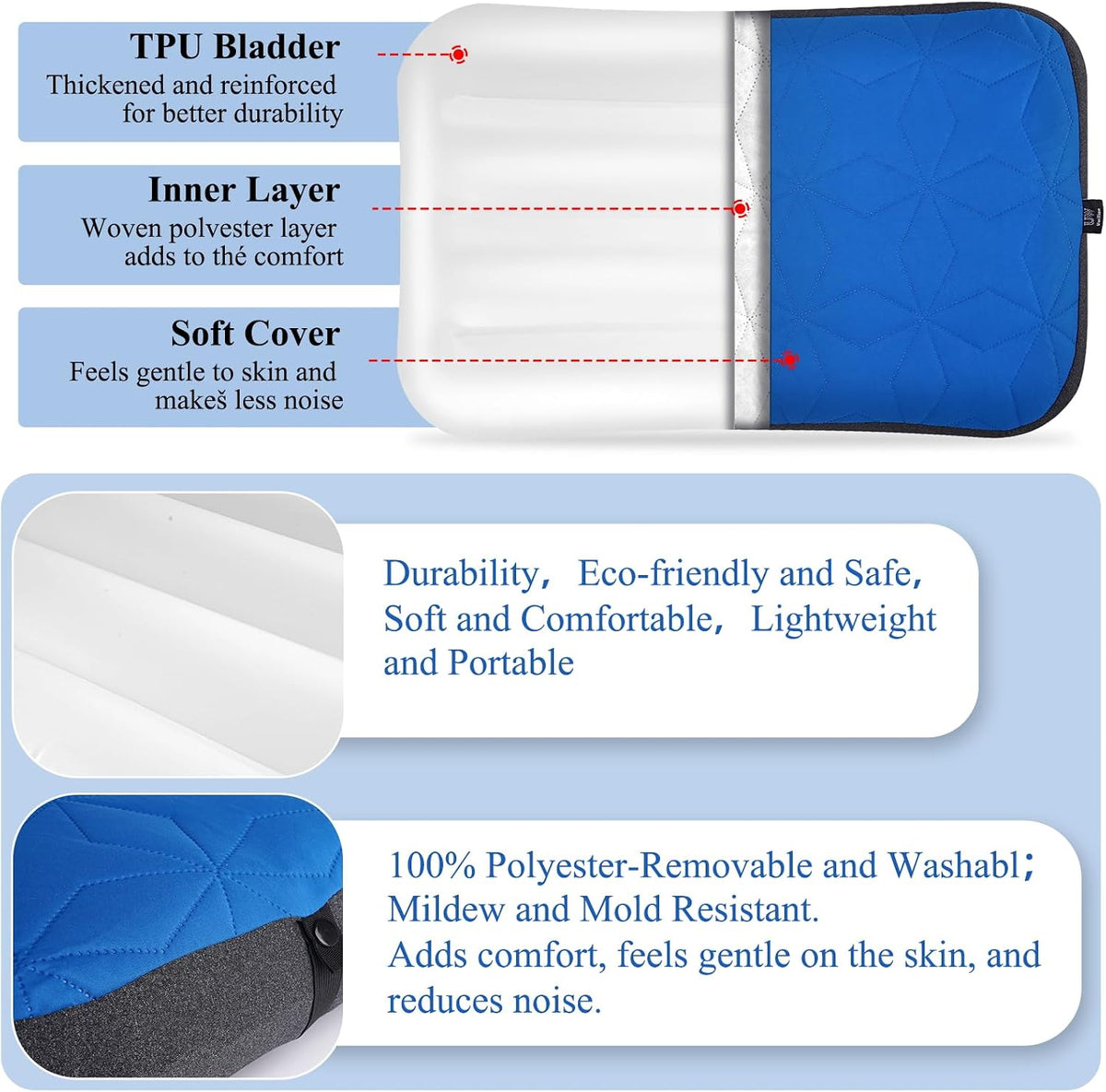 UWILLION Camping Pillow with Removable Cover Large Size 24" x 15" - Ultralight Inflatable Pillow for Camping Lightweight, Ergonomic and Washable for Camping, Hiking, and Travel Blue