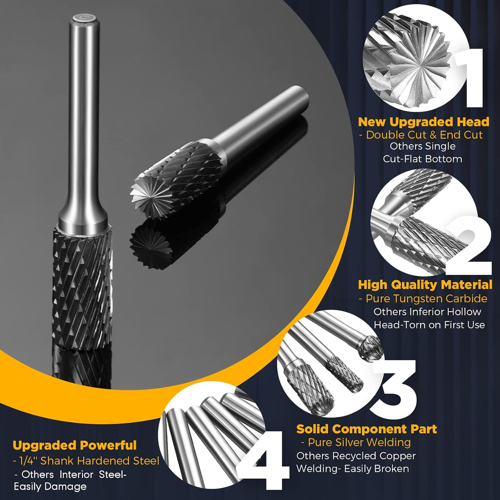 Carbide Burr Set, 8Pcs Double Cut Tungsten Carbide Rotary Burr set, 1/4 inch Shank Die Grinder Bits, Carbide Rotary File for Metal Wood Carving, Engraving, Polishing,Drilling