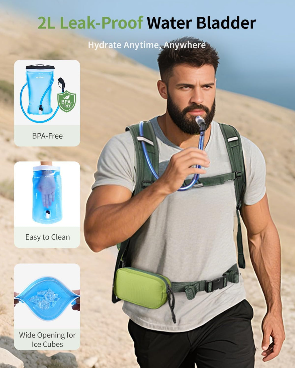 ECOHUB 20L Lightweight Hydration Backpack with 2L Water Bladder&Waist Pack