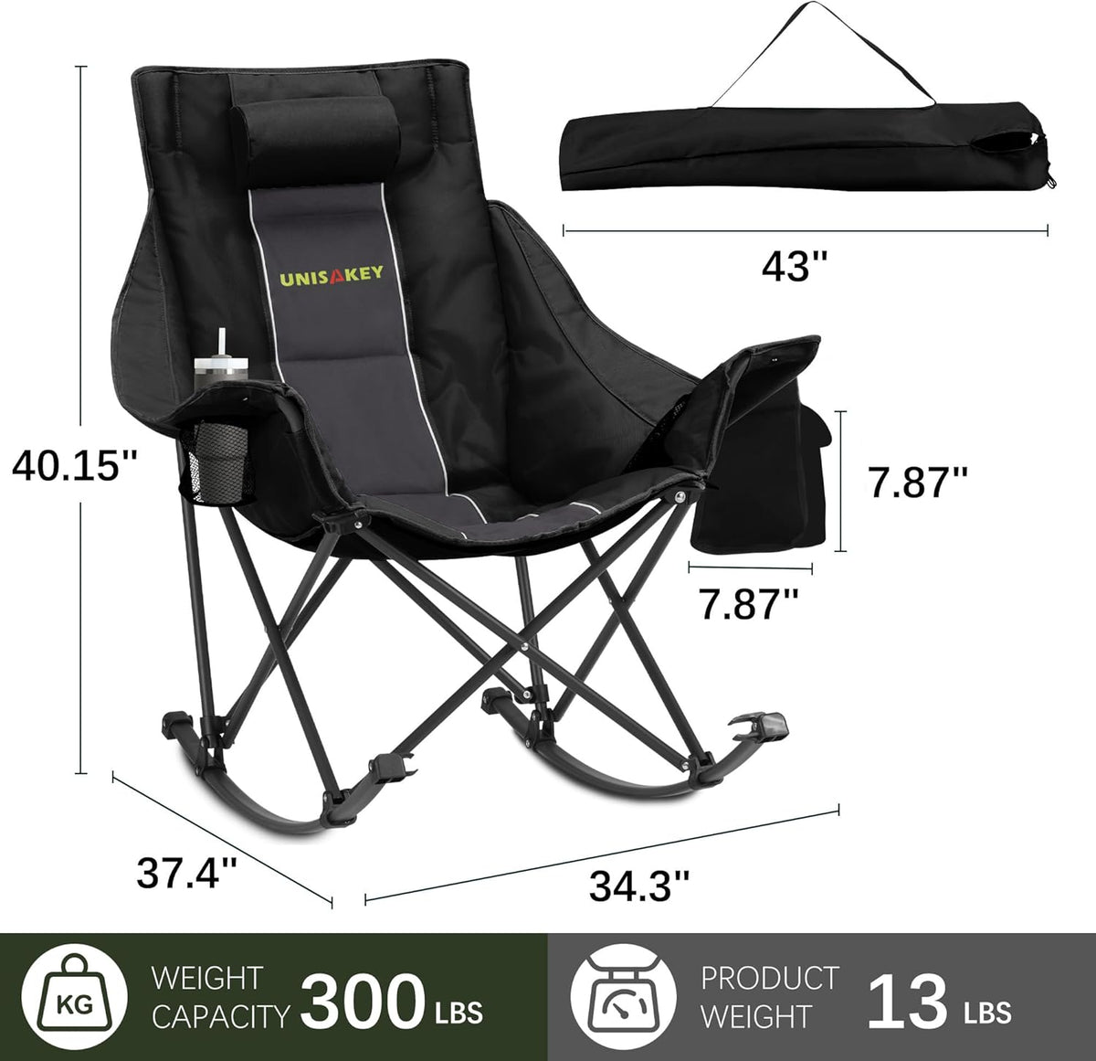 Unisakey Oversize Foldable Rocking Camping Chair300lbs Capacity,Deep Gray