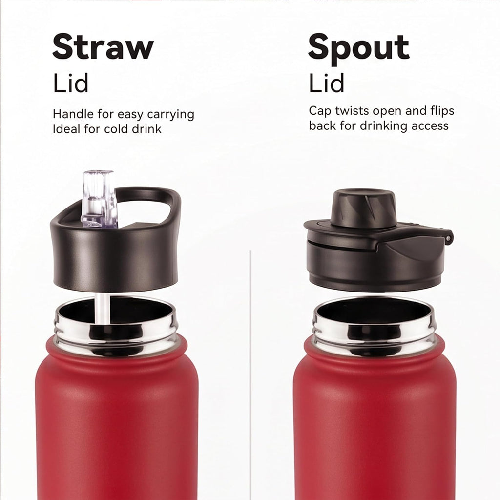 24oz Insulated Water Bottle with Straw Lid, Stainless Steel Metal Water Bottle with Straw & Wide Mouth Lid, Double Wall Vacuum Water Bottle for Hiking Camping, Red 4 Pack