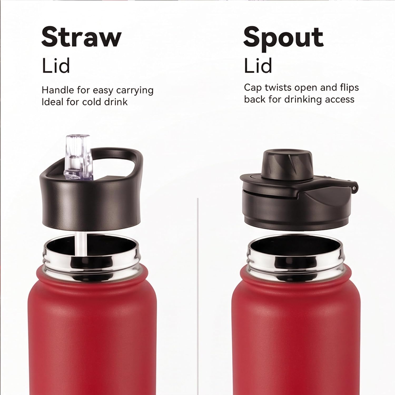 24oz Insulated Water Bottle with Straw Lid, Stainless Steel Metal Water Bottle with Straw & Wide Mouth Lid, Double Wall Vacuum Water Bottle for Hiking Camping, Red 4 Pack