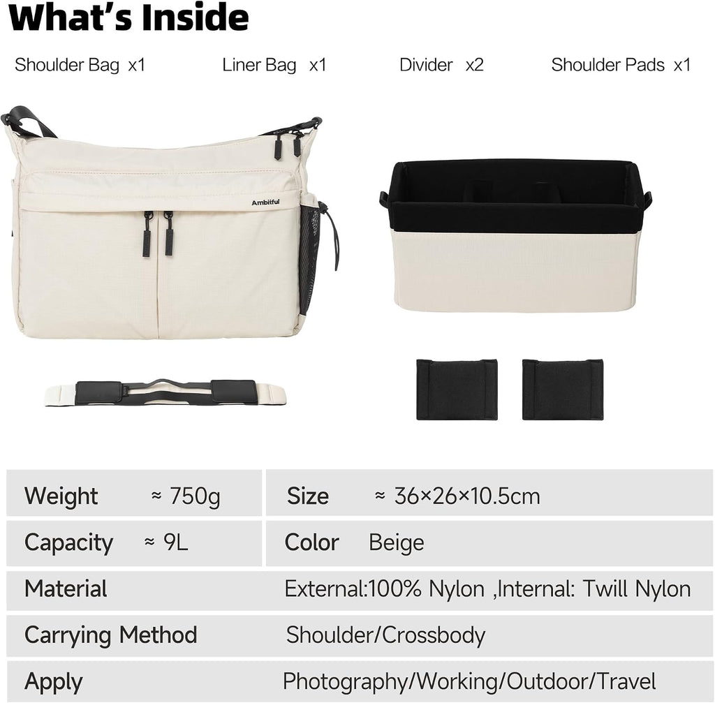 AMBITFUL Camera Messenger Bag for Photographers Shoulder bag,9L Beige