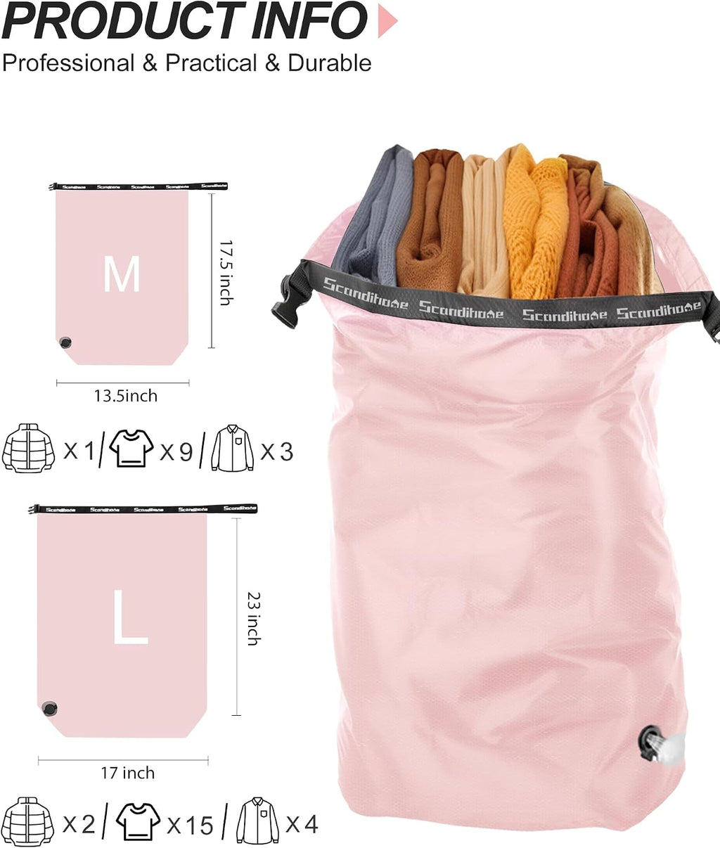 Travel Laundry Bag, Pump-Free Vacuum Compression Dirty Clothes Bag, Medium Reusable Waterproof & Washable Laundry Bag, Wet and Dry Bag, Ideal for Suitcases, Laundromats (1 Pack) Pink