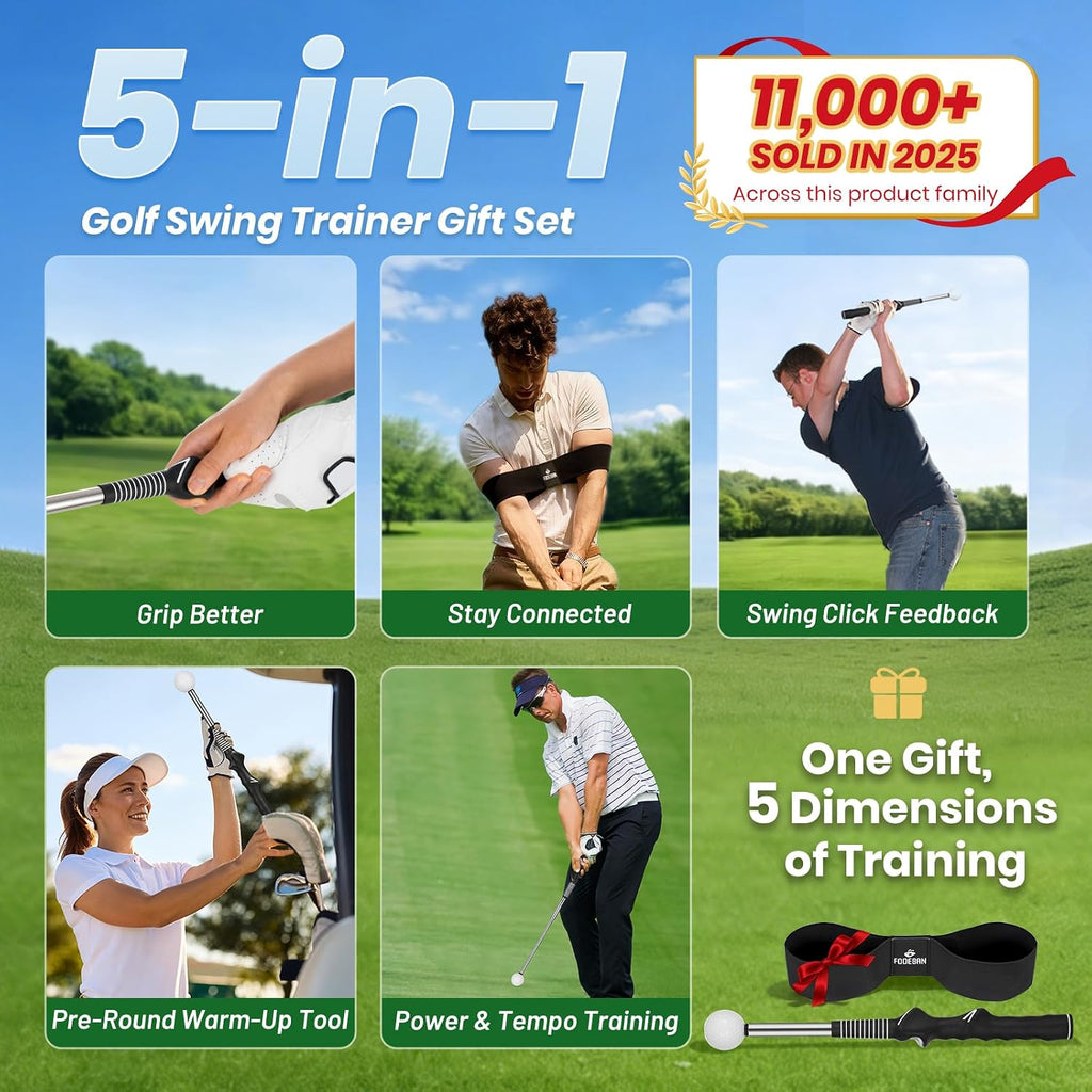5-in-1 Retractable Golf Swing Trainer, Training Aid with Grip Trainer, Grip Correction for Beginners & Tempo Training for Advanced, Click Feedback, Right/Left-Handed