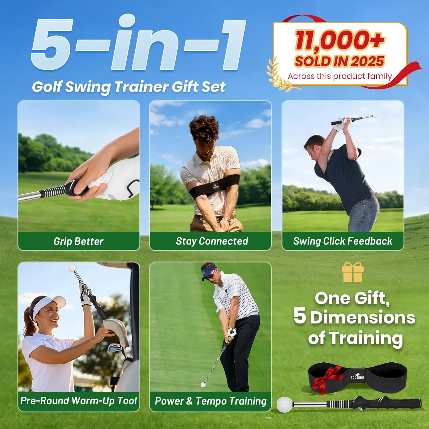 5-in-1 Retractable Golf Swing Trainer, Training Aid with Grip Trainer, Grip Correction for Beginners & Tempo Training for Advanced, Click Feedback, Right/Left-Handed