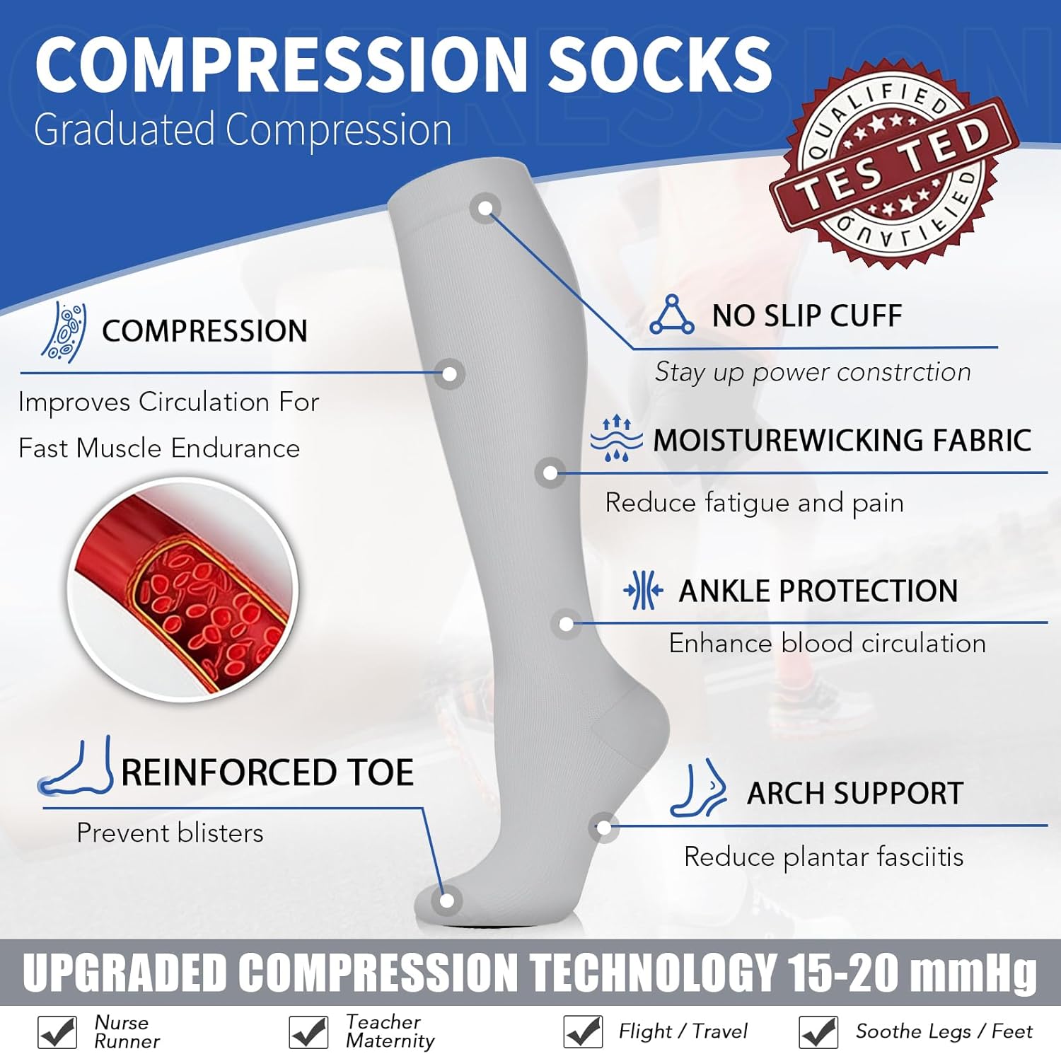Sooverki Copper Compression Socks for Men & Women 8 Pack 15-20mmHg - Knee High Stockings Best Support for Running Athletic
