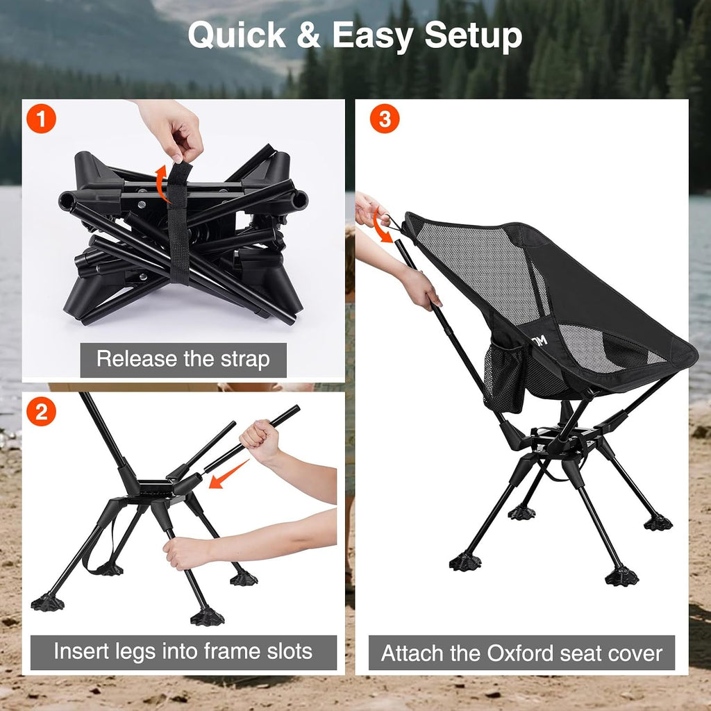 Trakiom 360 Swivel Folding Camping Chair Mesh Back Anti Sink 300 LBS