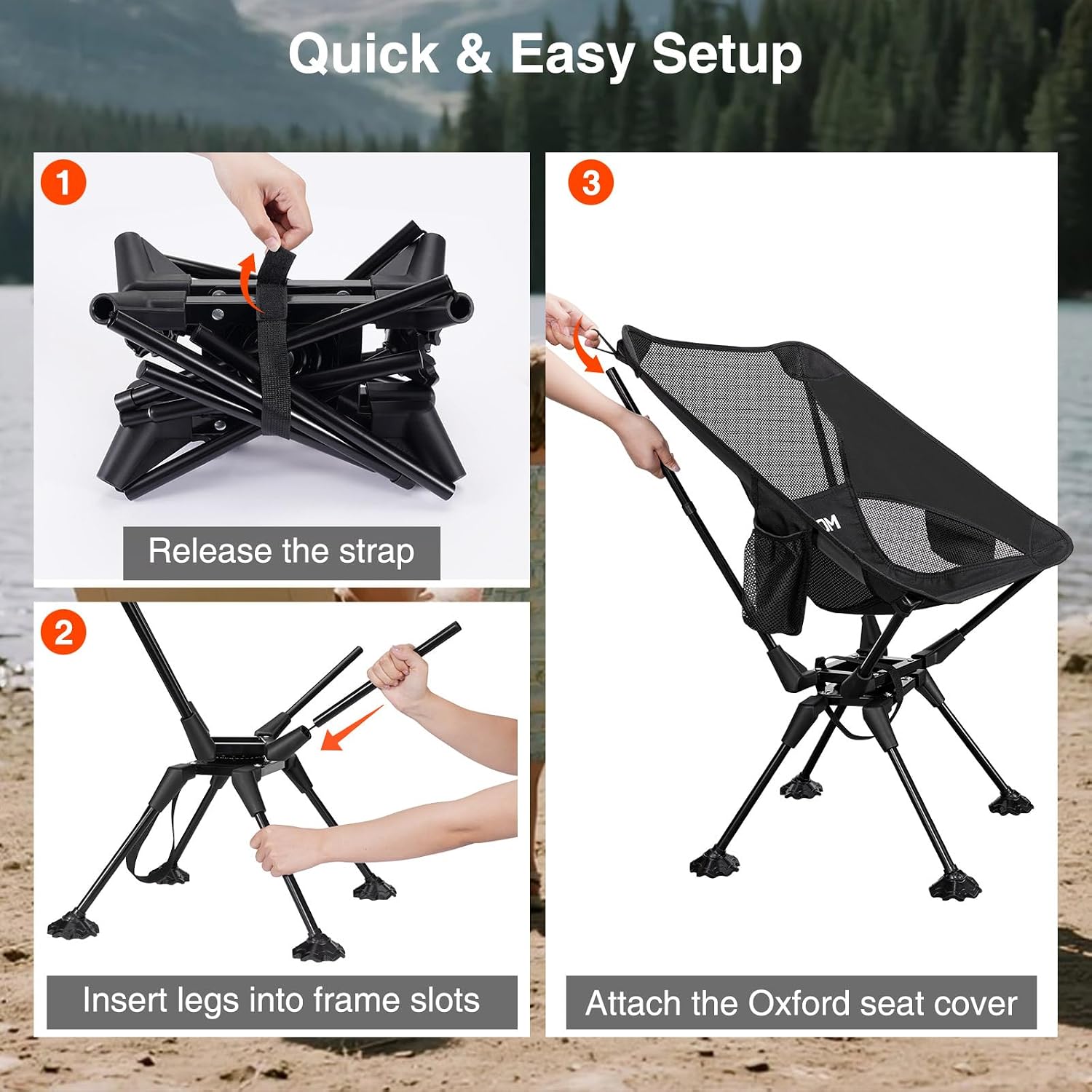 Trakiom 360 Swivel Folding Camping Chair Mesh Back Anti Sink 300 LBS