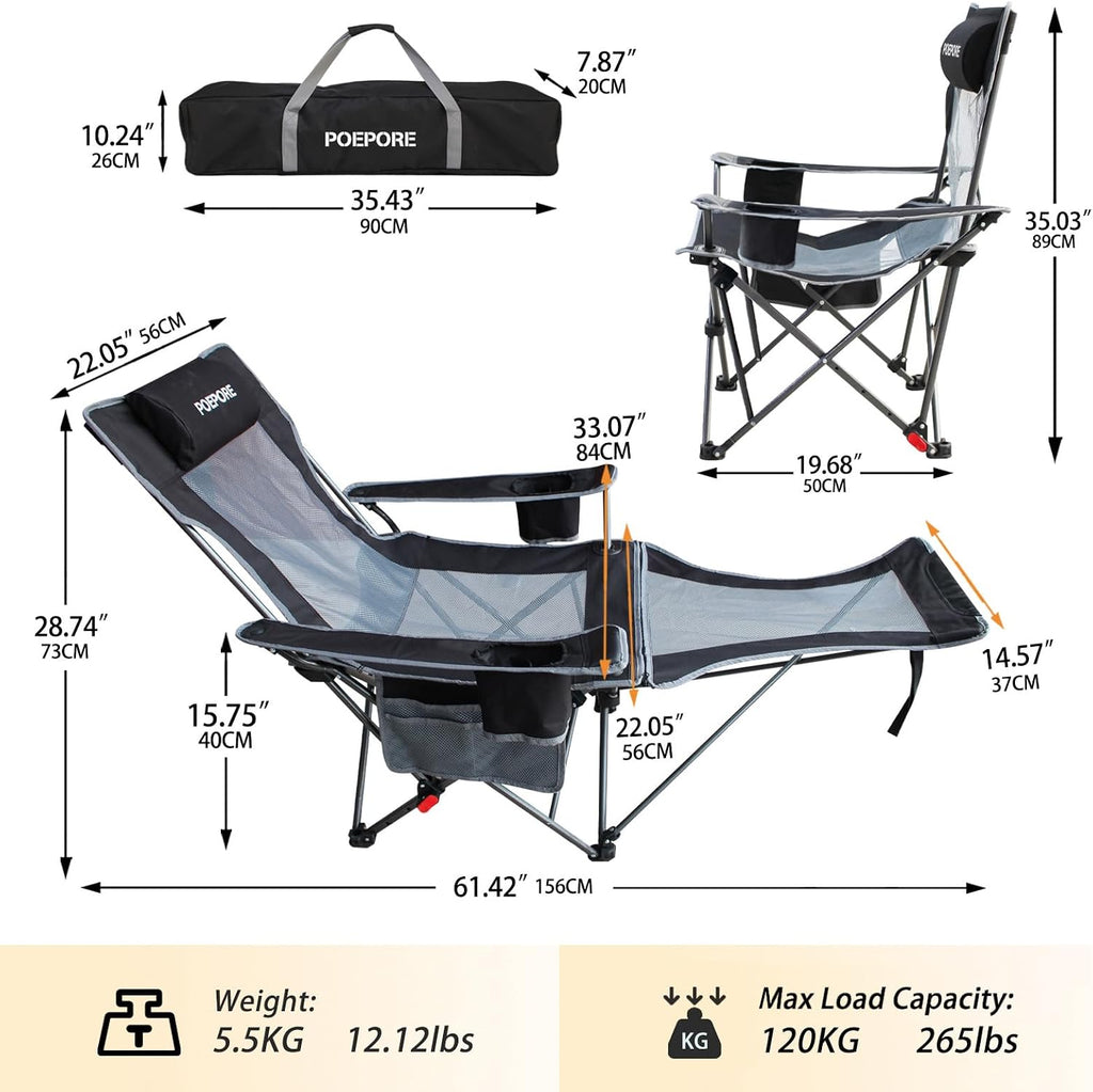 Reclining Camping Chair with Removable Footrest Lounge Chair with Headrest, Cotton Cushion, Portable Adjustable Folding Chairs