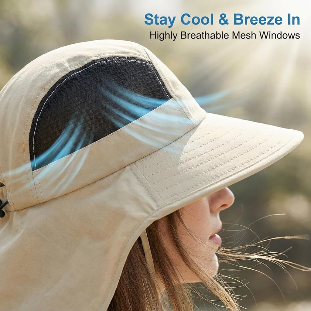 UV Sun Protection Hat Women Foldable Neck Flap Wide Brim Fishing Hat with Ponytail Hole for Women