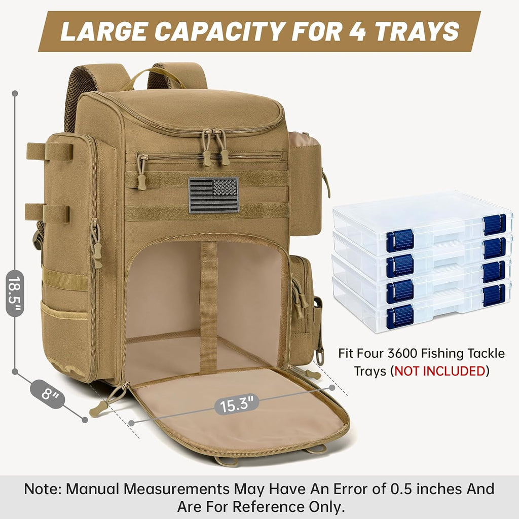 40L Tackle Fishing Backpack with 2 Rod Holders, Fits 4 3600 Trays