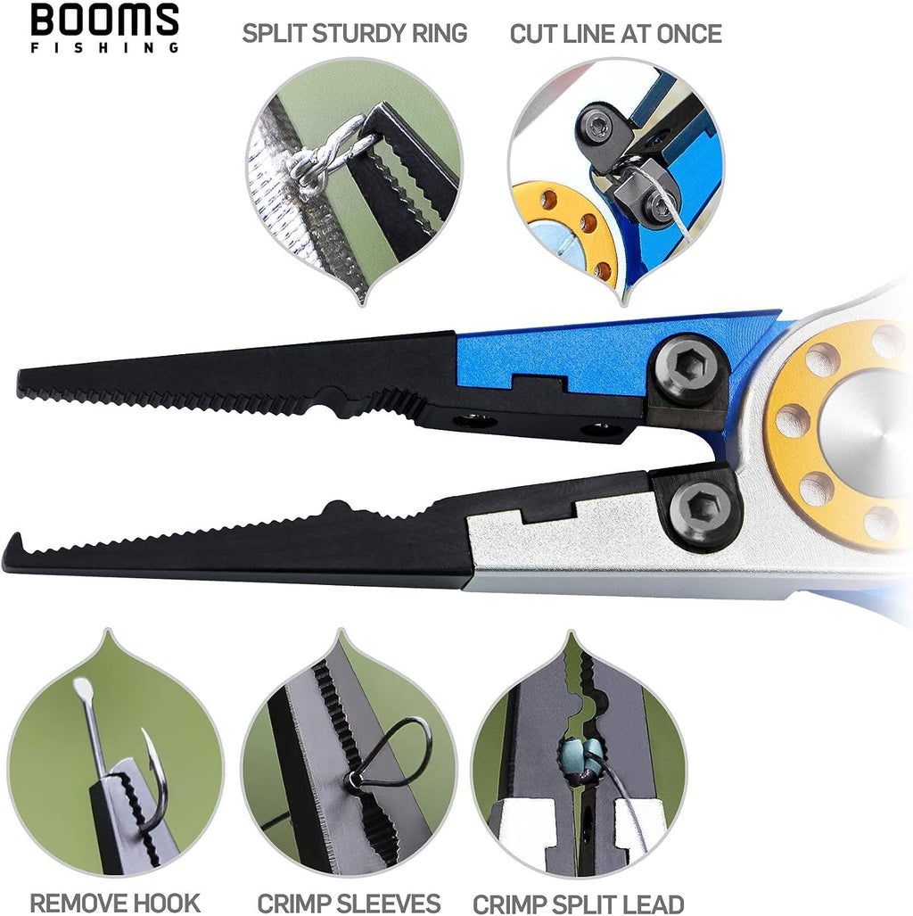 Booms Fishing X1 Aluminum Fishing Pliers Saltwater, Surf Fishing Tackle Kit, Fishing Multitool Hook Remover Braided Fishing Line Cutting and Split Ring with Coiled Lanyard and Sheath
